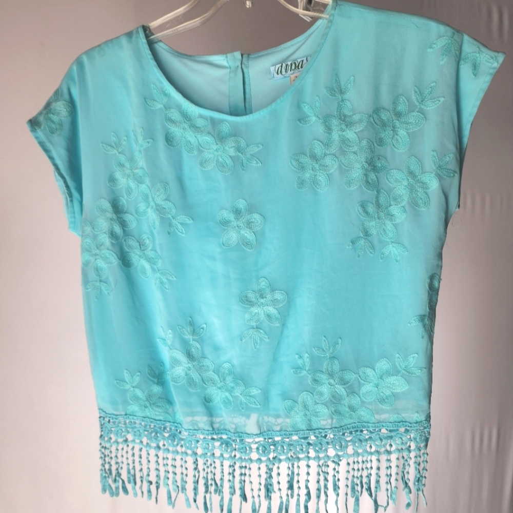 Boutique blue turquoise mint fringe embroidered Blouse Shirt top